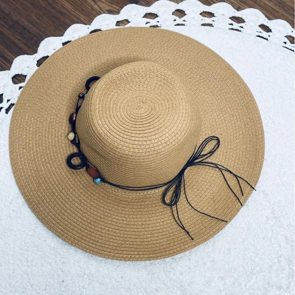 Royal Resortwear woven beaded turquoise and wood leather lace Sun hat for Sumner